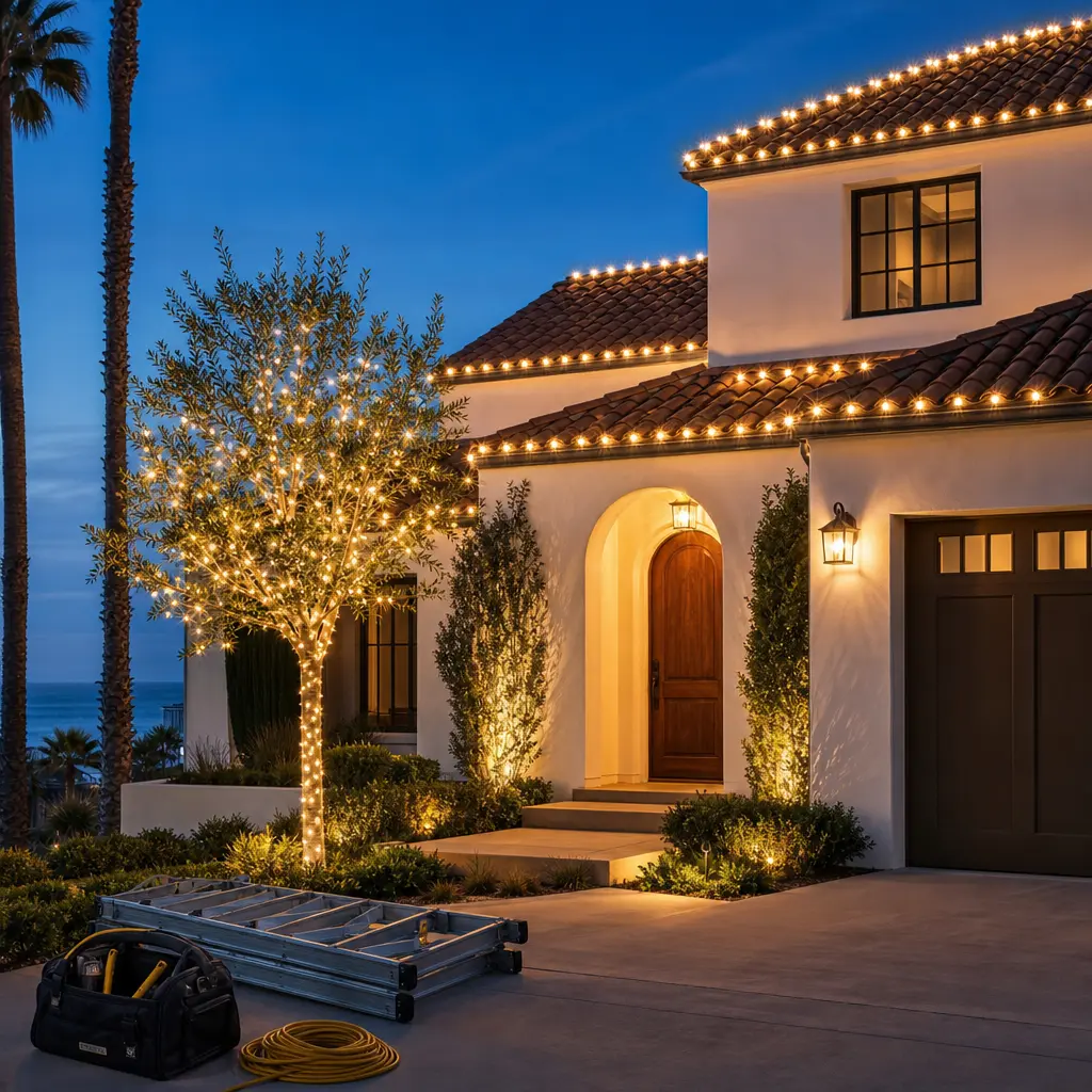 A residential house at twilight with glowing roofline lighting and an illuminated tree wrapped in holiday lights.