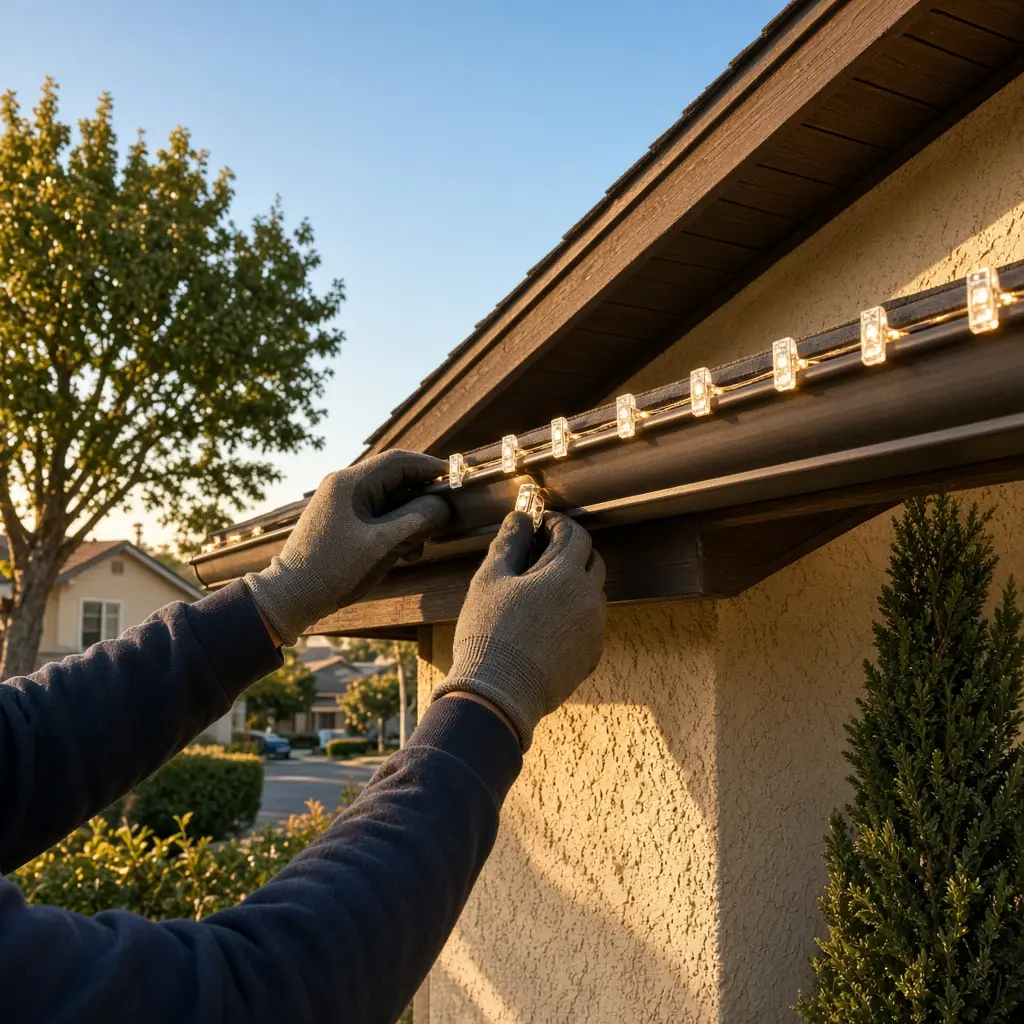 Gloved hands installing warm LED clip lights along a residential roof gutter during evening setup.