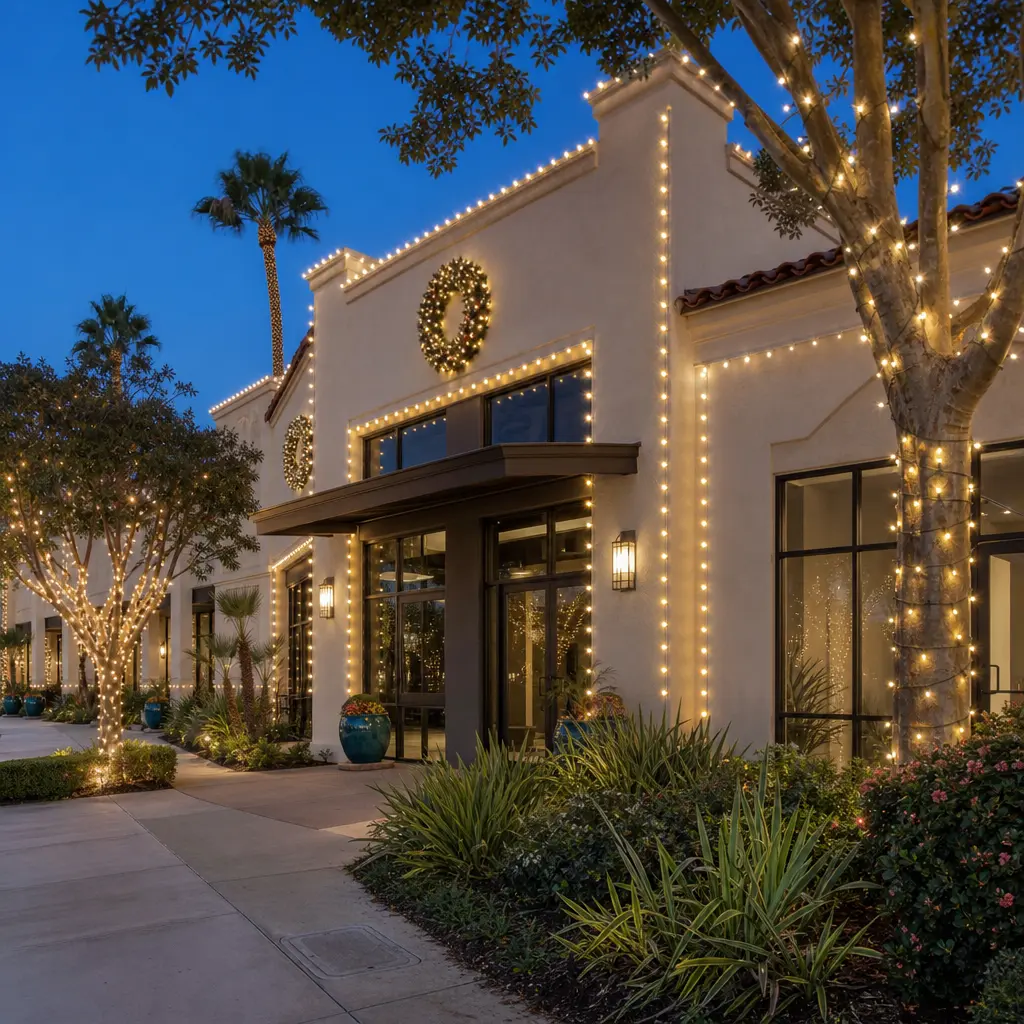 A commercial plaza entrance warmly lit with roofline holiday lights and lit landscape trees under a dusk sky.
