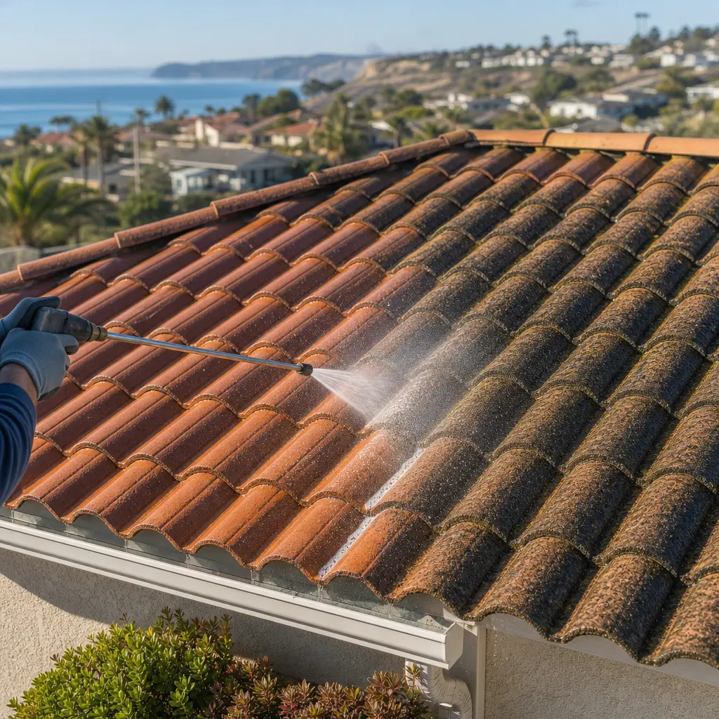 Low-pressure spray wand cleaning dark mold off red clay roof tiles to reveal clean terra cotta underneath.