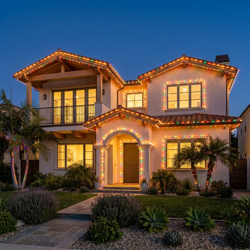 A two-story home adorned with bright red, green, yellow, and blue multi-color Christmas string lights.